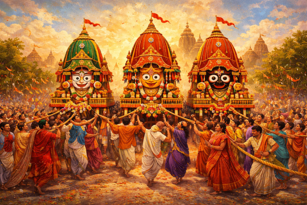 Rath Yatra procession at sunset
